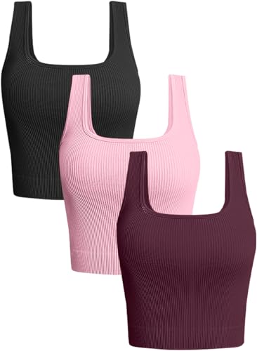 Image of OLCHEE Womens 3 Pack Crop Tank Tops Basic Seamless Ribbed Sleeveless Square Neck Workout Top Summer Exercise Yoga Gym Shirts
