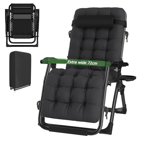HAIORJUN Silla Tumbona Plegable Negro Gravedad Cero 72 cm Ancha Tumbonas Jardin Exterior con Almohada Cervical Desmontable, Cojín y Funda Tumbona, Ideal para Terraza, Jardín, Playa