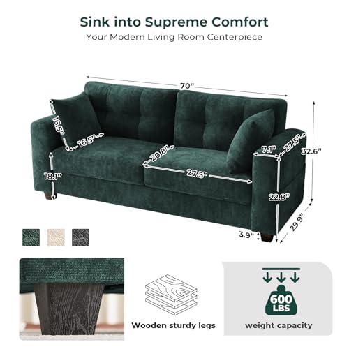 Image of 70 inch Loveseat Sofa for Living Room, Chenille Cloud Couch with USB /Type-C Charging Ports, Side Pockets, Removable Cover, Wide Armrests, Small Couch for Small Space, Easy Assembly, Dark Green
