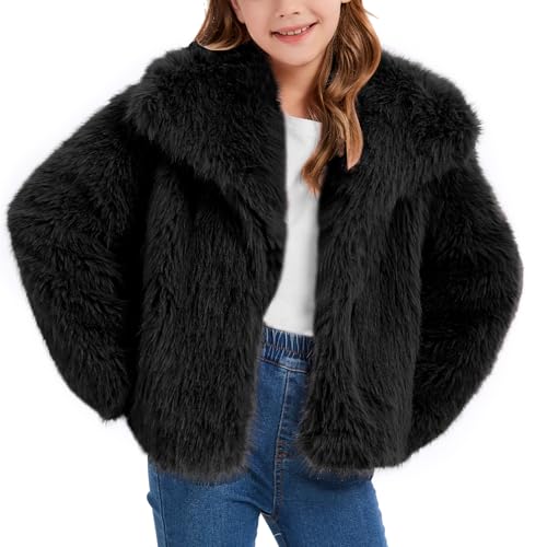 Flygo Girls Faux Fur Coat Kids Fluffy Long Sleeve Lapel Collar Open Front Jacket Warm Winter Shaggy Outwear with Pockets(Black-S)