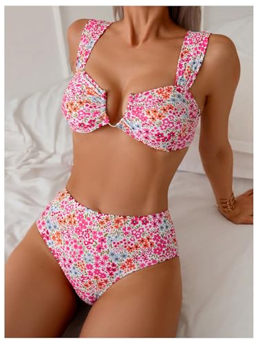 SOLY HUX Women's Floral Print Swimsuit V Wire High Waisted Bikini Set Two Piece Bathing Suit4