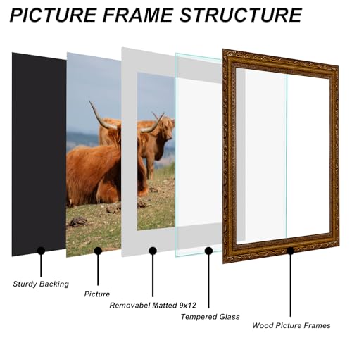 Image of 11x14 Picture Frame Vintage Wood 14x11 Picture Frame Gold | Real Glass, Matted 9x12 or 11 x 14 Photos, Easy Photo Changes, Wall Hanging
