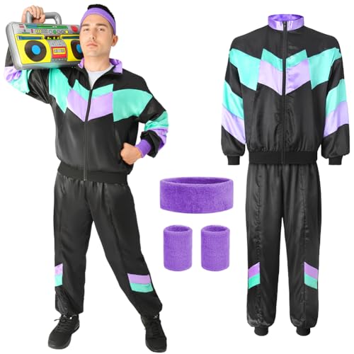 Aomig 90er Jahre Kostüm Erwachsene 5Pcs Retro Trainingsanzug Unisex Disco Ganzkörperanzug Partner Outfit Jacke Hose Armband und Stirnband 80er Party Bad Taste für Mottoparty Karneval (Schwarz-Grün-XL) Aomig 90er Jahre Kostüm Erwachsene 5Pcs Retro Trainingsanzug Unisex Disco Ganzkörperanzug Partner Outfit Jacke Hose Armband und Stirnband 80er Party Bad Taste für Mottoparty Karneval (Schwarz-Grün-XL)