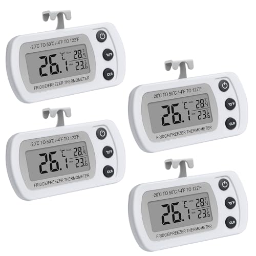 4PCS Fridge Thermometer Digital, Refrigerator Thermometer, IPX3 Waterproof Freezer Thermometer, Min/Max °C/°F Function, With LCD Display & Hook & Stand for Refrigerator Freezer
