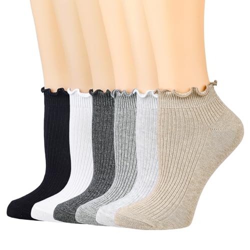 Image of Mcool Mary Womens Ankle Ruffle Socks Casual Cotton Frilly Breathable Cute Knit Lettuce Trim No Show Socks 6 Pack