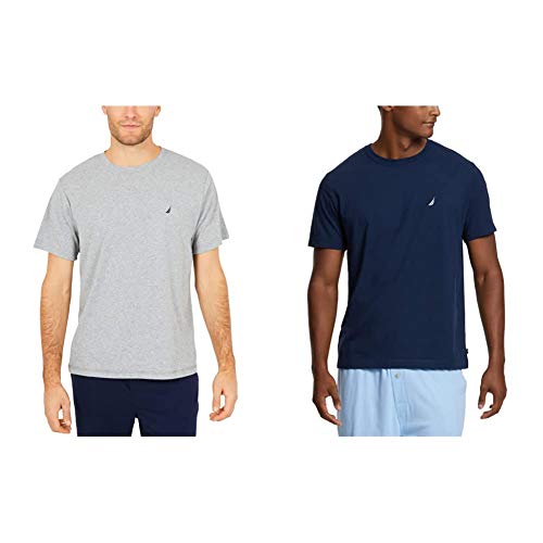 Nautica Men's Short Sleeve Crew Neck Soft Knit Sleep Tee, Grey Heather/Maritime Navy (2 Pack), X-Large