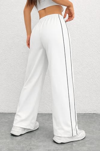 Image of Women Casual Loose Fit Track Pants High Waist Elastic Waistband Straight Wide Leg Trousers with Side Piping, Gym Yoga Running Athletic Sweatpants Comfortable