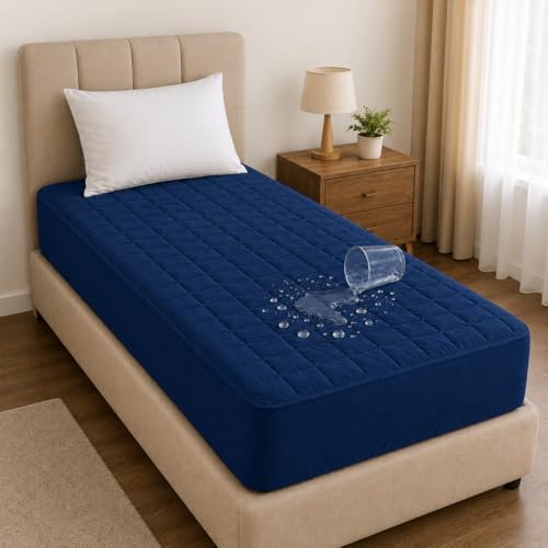Image of RESTIFY 100% Waterproof Quilted Single Size Mattress Protector 78x48 Inch 6.5x4 Ft Fits Upto 10 Inch Mattress | Premium Cotton Breathable Bed Protector | Mattress Cover for Single Bed |Dark Blue