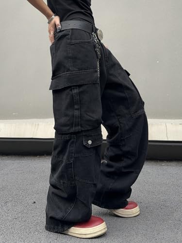 Mens Goth Baggy Cargo Jeans with Pockets Steampunk Patchwork Embroidery Wide Leg Denim Pants3