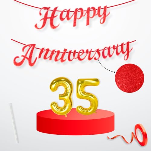 Image of Flyloons 35th Happy Anniversary Banner Red Decorations Kit for Men Women Wedding Anniversary Banner Items without Balloons
