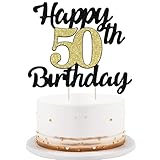 LVEUD Happy Birthday Cake Topper Black Font Golden Numbers 50th Birthday Happy Cake Topper -Birthday Party Decorations (50th)