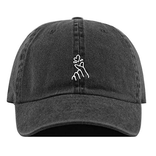 Korean Heart Baseball Hat, Embroidered Dad Cap, Unstructured Soft Cotton, Adjustable Strap Back (Multiple Colors) (Pigment Black)