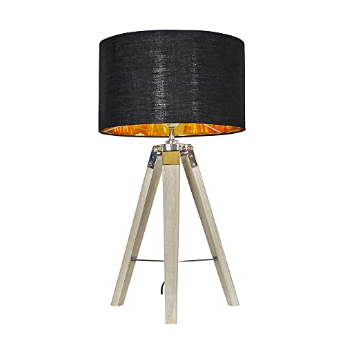 MiniSun | Distressed Wood and Silver Chrome Tripod Table Lamp with a Black/Gold Drum Shade | Table Lamps, Home Décor & Improvement Essential | Includes Bulb [3000K Warm White]
