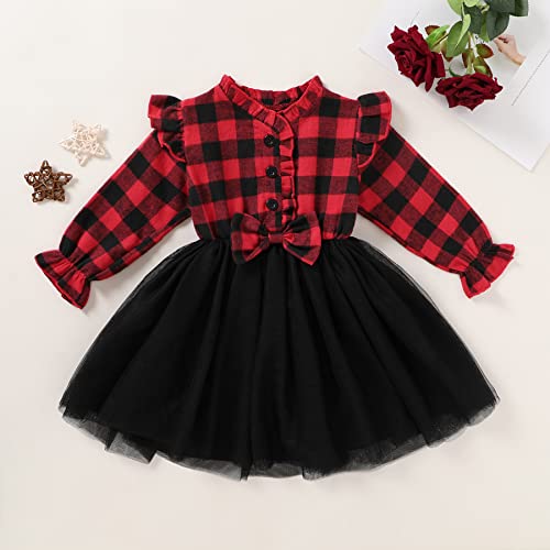 Toddler Kids Girls Clothes Christmas Dress Ruffle Red Plaid Black Mesh Skirt Outfits Overall Fall Winter2