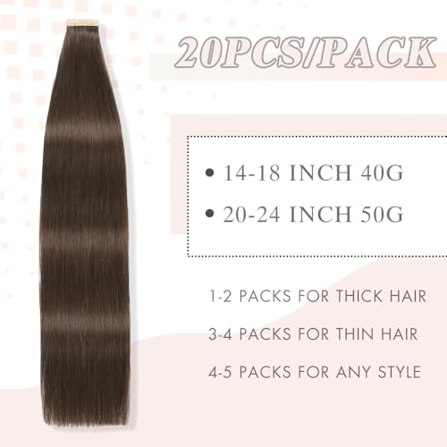Image of Tape in Hair Extensions Human Hair 20pcs Remy Hair Extensions 18 Inch Darkest Brown Straight Invisible Human Hair Tape in Extensions Skin Weft Tape Extensions Human Hair (2#,18 Inch)