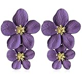 GPASTG Elegant Bohemian Large Metal Double Flower Matt Earring Chic Statement Dangle Drop Wedding Earrings For Women Cute Statement Jewelry Gifts (Dark Purple 14)