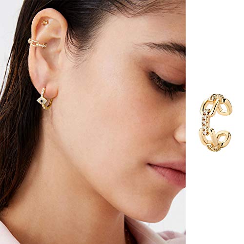 Dainty Hoop Ear Cuff 14K Gold Plated Cross Stripe Open Wrap Hoop Cubic Zirconia Huggie Clip-On Cartilage Earrings Stud For Women #TOP3