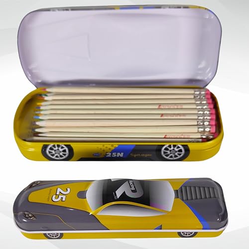 Image of ZAFCO Metal Car Pencil Box for Kids | Compass for Boys | Two in One Pen Box for Students | Car Geometry for School | Pencil Box for Boys | Birthday Return Gift 1 Unit (Yellow)
