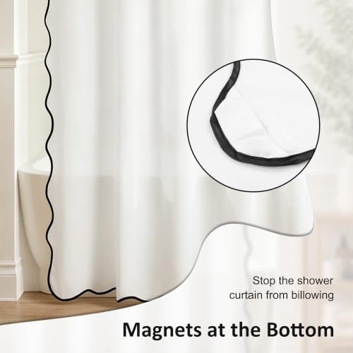 Image of N&Y HOME Fabric Shower Curtain or Liner White with Black Scalloped Edge