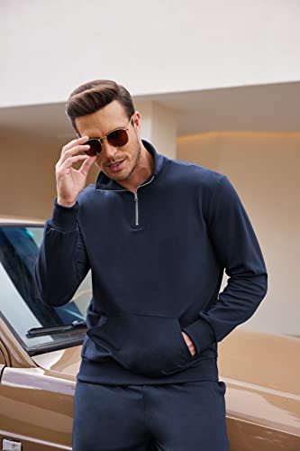 Coofandy Men 2 Piece Workout Sweat Suit Casual Long Sleeve Gym Active Tracksuit Navy Blue #TOP2