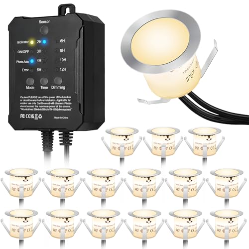 Sunmerit Recessed Deck Stair Lighting with Timer Photocell Sensor Transformer, Dimmable, Low Voltage LED Step Riser Lights IP67 Waterproof φ1.26 12V Warm White Patio Kit Decorations, 16 Pack
