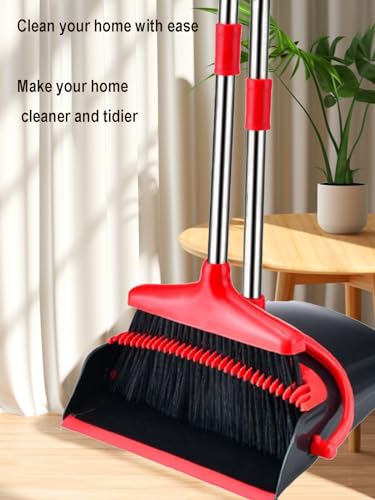 Xifando Besen- und Kehrschaufel-Set, aufrecht, winddicht, langer Griff, Besen und Kehrschaufel mit Zähnen für Zuhause, Küche, Zimmer, Büro, Lobby, Bodenreinigung (schwarz + rot) – Bild 6