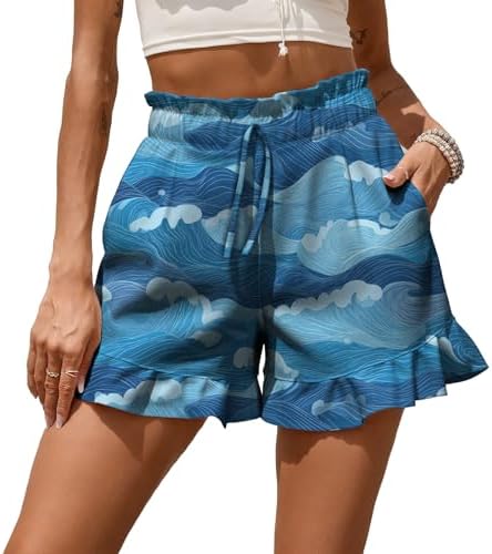 MARSVOVO Women's Shorts 2025 Summer Casual Beah High Waist Drawstring Lightweight Flowy Short Pants with Pockets Cute Ruffled Trouser Legs Trendy Print Graphic Comfy Vacation Boho Outfits,M