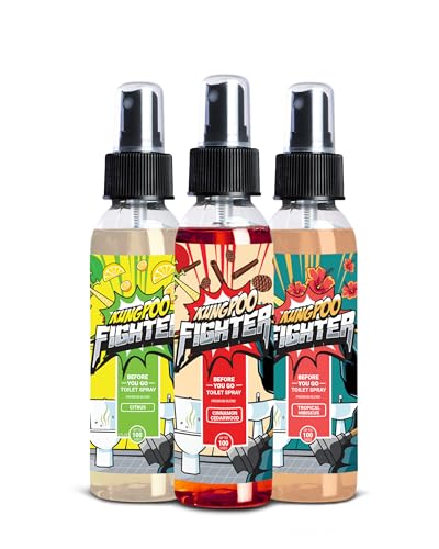 Kung Poo Fighter Toilet Spray Variety Pack (2oz, Pack of 3) - Cinnamon Cedarwood, Citrus & Tropical Hibiscus - Before You Go Bathroom Poop Air Freshener Odor Eliminator Funny Gift