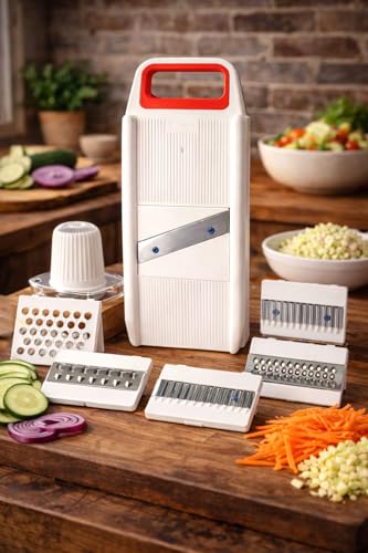 Image of 6 in 1 Vegetable Slicer & Grater - Professional Mandoline Cutter with Interchangeable Blades | Kitchen Tool for Potato, Onion, Carrot, Cucumber | Trending Multipurpose Chopper| (Green,Red)