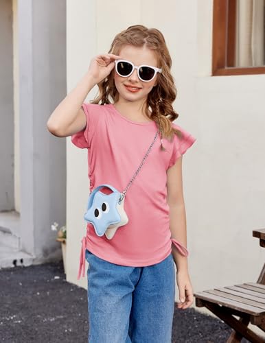 Image of Arshiner Girls T Shirts Ruffle Short Sleeve Ruched Knot Side Tunic Blouse Summer Tee Tops