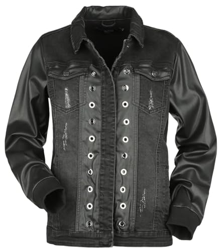 Veste en jean noir femme blouson denim détails faux cuir mode rock décontractée