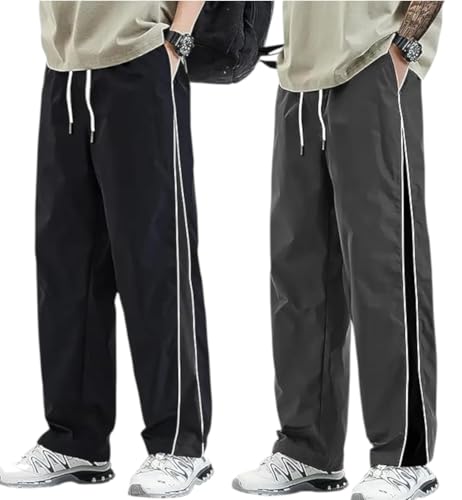 Image of Men's Track Pants Combo Pack of 2 | Loose Fit Sports Joggers with Side Stripe | Elastic Waist with Drawstring | Casual Gym Running Workout Pants