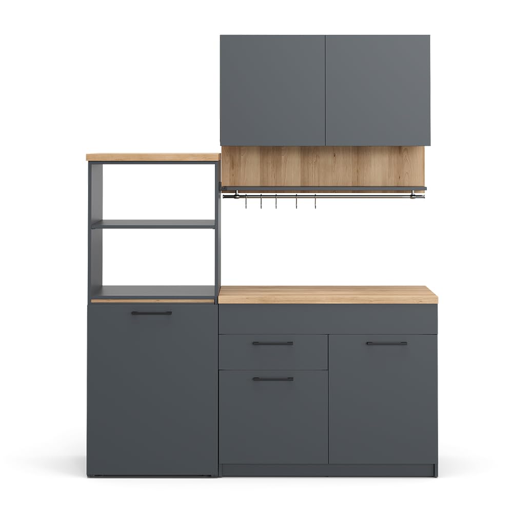 Vicco Küchenzeile Egbert, Anthrazit, 160 cm mit ausziehbarem Tisch, mit integriertem Tellertrockner und seitlichen Regalablagen