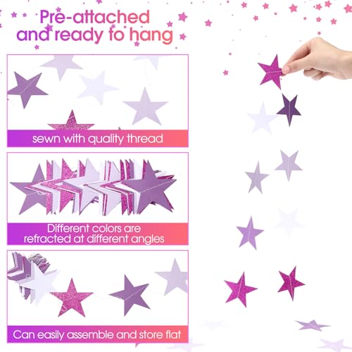 Image of Patelai Glitter Star Garland Banner 2026 Graduation Decor 130 Feet Star Hanging Banner Twinkle Backdrop for Party Birthday Classroom Wedding Supplies(Purple,White)
