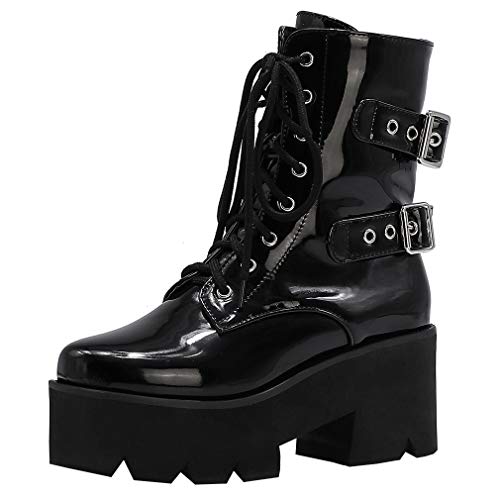 Image of Parisuit Womens Goth Patent Ankle Boots Platform Chunky Combat Boots