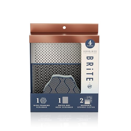 Image of Brite by Scotch-Brite Limited Edition 4-Piece Scrub and Wipe Collection with 1 Rich-Foaming Dish Scrubber, 1 Quick-Dry Mesh Scrubber, and 2 Reusable Sponge Cloths