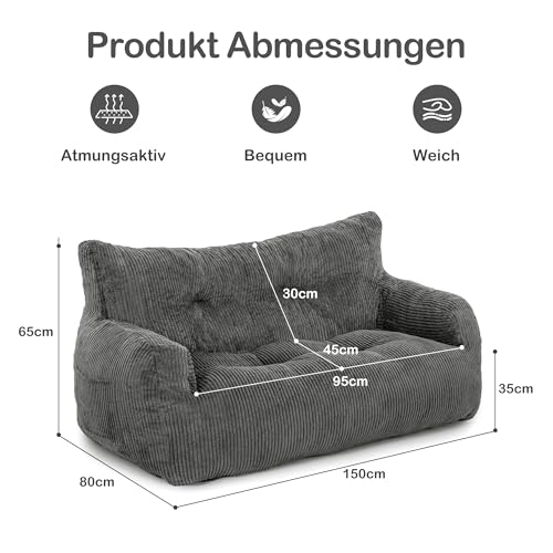 Pamapic Sitzsack, Sitzsack Erwachsene mit Füllung, Doppeltes Lounge Sessel mit Tragbarem Griff, Modernes Ergonomisches BeanBag, Indoor Sitzsäcke Stuhl für Wohnzimmer, Schlafzimmer, Spielzimmer, Grau