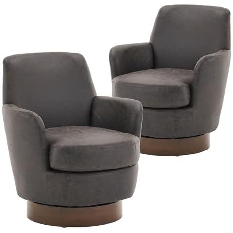 LUCKHAO Swivel Barrel Chair Set of 2,Modern Comfy PU Leather Round Swivel Accent Chairs,360 Degree Single Armchair for Living Room, Brown Cover