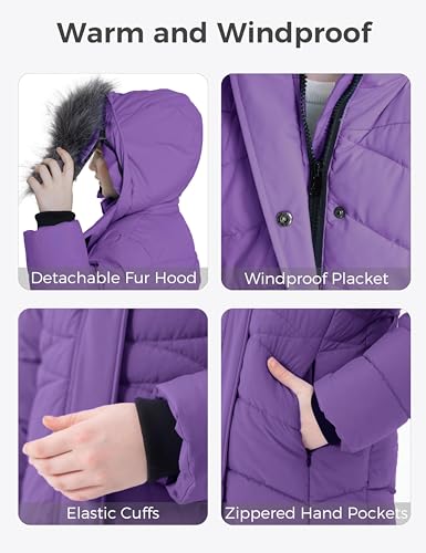 Image of Wantdo Girls Winter Coats Long Puffer Jackets Fleece Lined Removable Hood | Removable Faux Fur Hood, 5000mm Waterproof, Machine Washable