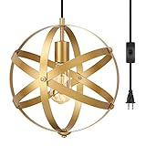 DEWENWILS Plug in Pendant Hanging Light, Gold Industrial Style Metal Globe Vintage Ceiling Light Fixture with 15FT Cord and ON/Off Switch for Kitchen Island, Bedroom, Dining Hall, Entryway