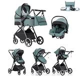 Kakbgee Trio Poussette 3 en 1 avec Siège Auto, Landau Bébé Pliable, 7 Positions Poignée, Suspension 4 Roues, Housse Pluie, Moustiquaire, Système de Voyage pour Nouveau Nés 0 3 Ans (15kg),Bleu Vert