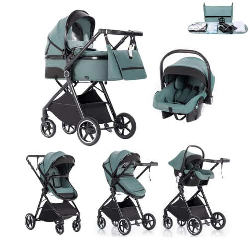 Kakbgee Trio Poussette 3 en 1 avec Siège Auto, Landau Bébé Pliable, 7 Positions Poignée, Suspension 4 Roues, Housse Pluie, Moustiquaire, Système de Voyage pour Nouveau-Nés 0-3 Ans (15kg),Bleu-Vert