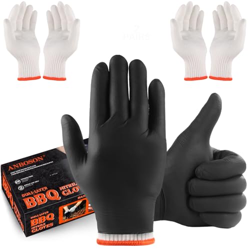 ANBOSON BBQ Gloves for Cooking Baking Grilling 100 Count Disposable Nitrile Gloves and 4 Count Cotton Glove Liners Washable (6mil Nitrile X-Large)