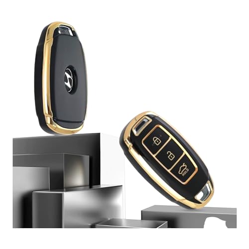 Image of TPU Car Key Cover Black & Golden Compatible for Hyundai Kona Electric, Verna (Hyundai, 3 Button Push Start Key)