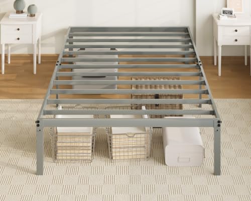 Image of Allewie Twin XL Bed Frame, 14 inch Metal Platform Beds with Storage Space, No Box Spring Needed and Easy Assembly, Grey