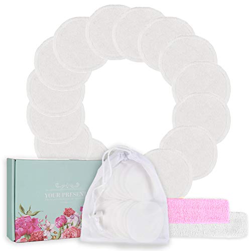 16 Pack Reusable Cotton Face Pads, Makeup Wash Rounds, with Washable Laundry Bag, Two Microfiber Headbands, for Cleansing, Toner, Travel, Zero Waste Products, Eco Friendly, Exfoliating Wipes