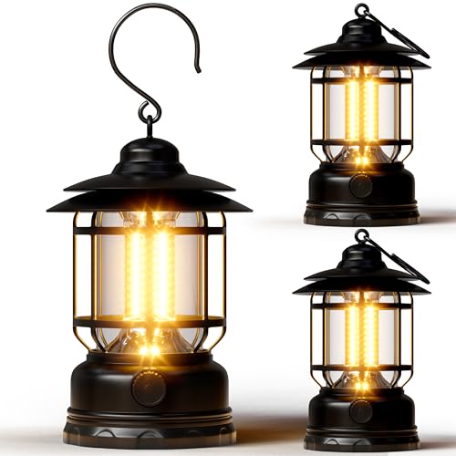 Portable LED Camping Lanterns, 3 Pack Rechargeable Battery Lanterns with Stempless Dimming, Waterproof Camping Tent Lights for Home, Hiking, Camping,...