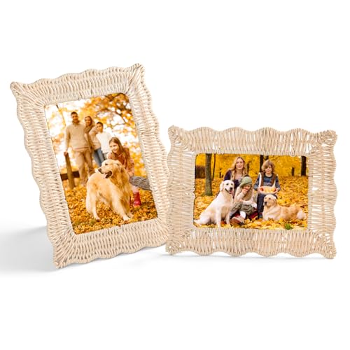 Graciadeco 5x7 Picture Frames Boho Wall Decor Rattan Photo Frame for Wall and Tabletop Display Natural Art Handmade Wicker 2 Pack