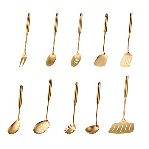 Küchenhelfer-Set, Edelstahl, 10-teilig, Kochutensilien mit Schlitzlöffel, Pfannenwender, Schöpflöffel, Skimmer, Stimmgerät, Spaghettiheber, Kochlöffel, Gold-Finish