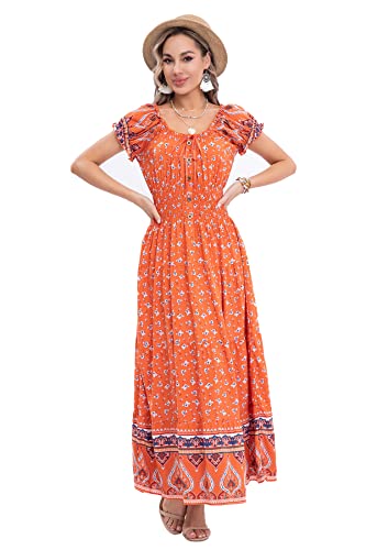 Image of OSTOO Women's Floral Maxi Dress Boho Summer Short Sleeve Smocked Waist Tiered Long Dress
